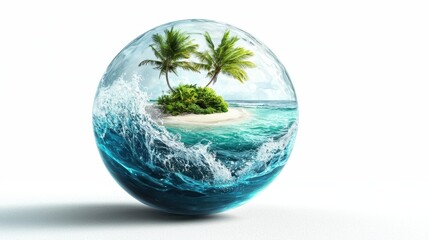 A crystal sphere depicts a tropical island with palm trees surrounded by vibrant ocean waves, creating a serene and dreamy atmosphere.