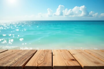 Fototapeta premium Warm brown wood grain on blurred sparkling azure sea and sunny sky background, summer, texture