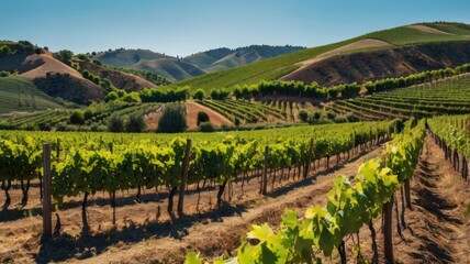 Fototapeta premium Breathtaking View of a Sunny Vineyard Landscape with Lush Green Grapevines and Rolling Hills Under a Clear Blue Sky in the Heart of Wine