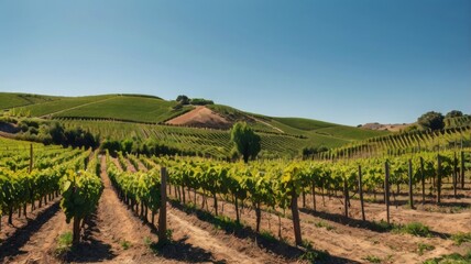 Fototapeta premium Breathtaking View of a Sunny Vineyard Landscape with Lush Green Grapevines and Rolling Hills Under a Clear Blue Sky in the Heart of Wine