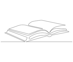 One continuous line drawing of opened book with flying page. Studying book or knowledge book in simple line. Concept vector art for university or college. Editable stroke. Doodle line illustration