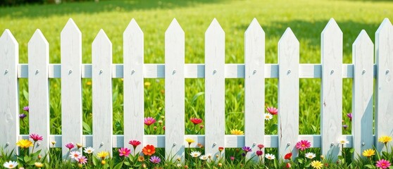A classic white picket fence with a vibrant green grass background and colorful flowers , architecture, peaceful