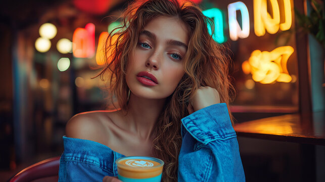 Portrait of a social media influencer sitting in a trendy cafe, with a colorful latte and vibrant neon signs in the background