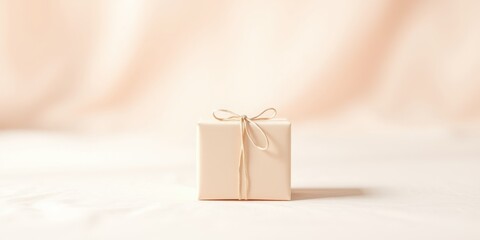 A delicately wrapped gift box in a soft, neutral hue, sits on a pale surface against a blurred background.