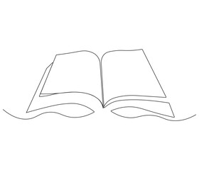 One continuous line drawing of opened book with flying page. Studying book or knowledge book in simple line. Concept vector art for university or college. Editable stroke. Doodle line illustration