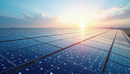 Vast Solar Panels Glistening Under Sunset Sky