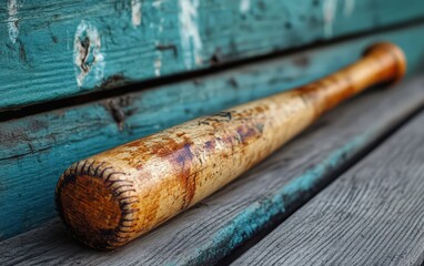 Weathered baseball bat rests on a rustic bench, a silent story of games played and memories made.