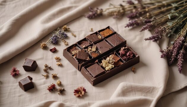 Artisan Chocolate Bar: A delectable handcrafted chocolate bar, segmented into squares filled with assorted fillings, rests on a creamy beige fabric, adorned with dried flowers.