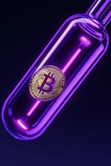 A creative representation of Bitcoin in a purple glass vial, symbolizing digital currency.
