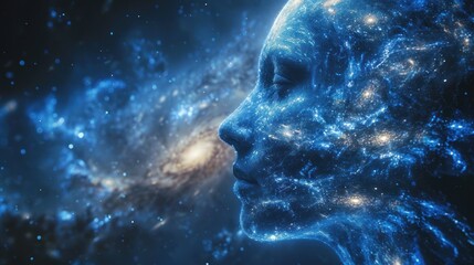 Celestial face and galaxy blend in deep space