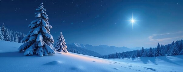 A snow-covered landscape with a single star shining brightly against the sky, , winter landscape