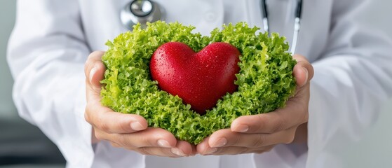 A doctor holds a heart shaped vegetable, symbolizing healthy living and nutrition care.