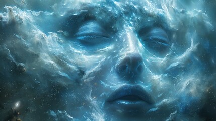 Celestial face intertwined with cosmic starry tapestry