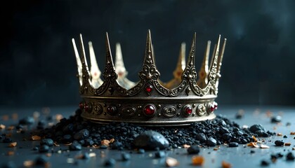 Dark moody scene featuring a spiked crown symbolizing power and nobility