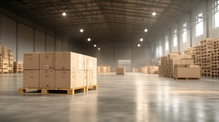 Image of a spacious storage warehouse filled with wooden crates and boxes neatly organized on shelves. The lighting is soft and the atmosphere is calm.