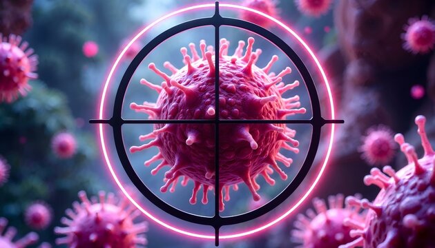 Photorealistic depiction of a cancer cell in crosshair symbolizing focused medical interventions