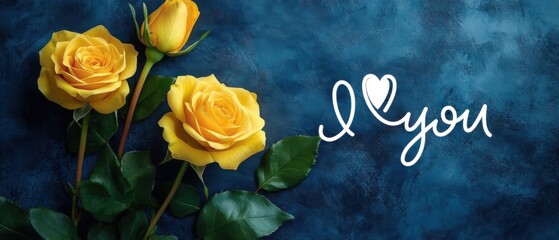 Three Yellow Roses on a Dark Blue Textured Background with I Love You Message Perfect for Valentines Day, Anniversaries, or Romantic Occasions