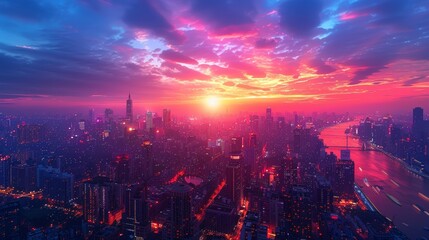 Fototapeta premium Vibrant cityscape featuring an expansive square, captured from an aerial view with dynamic lighting and energetic atmosphere in high definition.