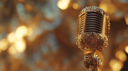 A vintage microphone with ornate detailing, set against a blurred background that appears to be a Golden Gate Bridge with the Bay Bridge in the background, creating a beautiful and iconic view.