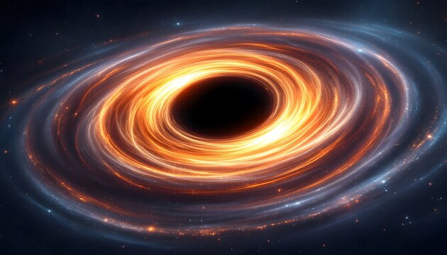 Hyper-realistic depiction of a black hole at the center of a distant galaxy, surrounded by a swirling accretion disk of gas and light. The black hole should be a dark, void-like center, with a glowing