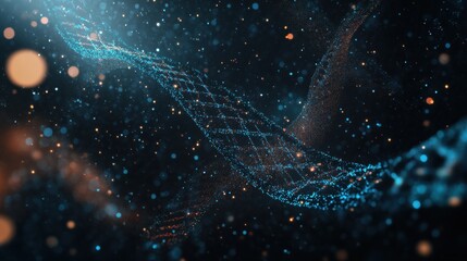 A conceptual image of a DNA strand with glowing, flowing particles representing genetic information, set against a dark