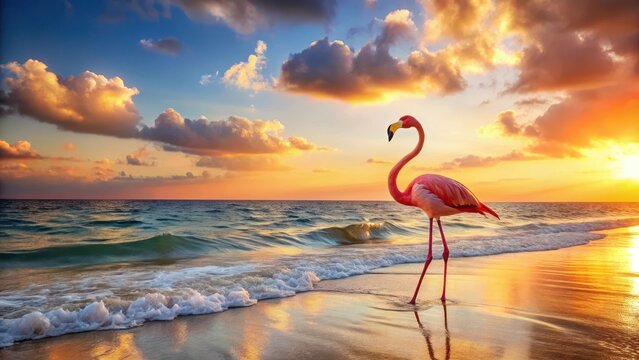 Vibrant pink flamingo standing alone on a white sandy beach at sunset with warm orange hues in the sky and gentle waves in the background , pink, colorful