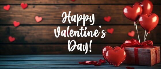 Happy Valentines Day Red heart balloons, gift box, and rose petals on a rustic wooden background Romantic setting for Valentines Day celebration, love, and romance