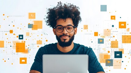 Community manager actively engaging with users in a virtual environment, 8K flat vector style,