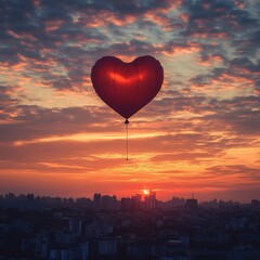 Fototapeta premium Heart balloon floating at sunset over a city.