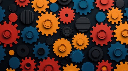 Colorful Gears of Various Sizes on Dark Background for Creative Projects