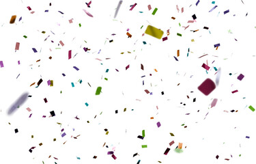 Realistic, colorful 3D confetti falling randomly on a transparent background. A graphic resource designed for party themes, inspired by the Brazilian Carnival.