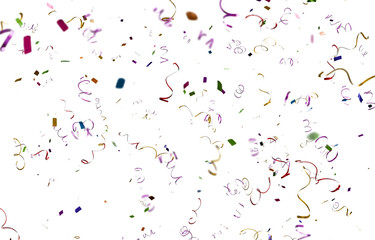 Realistic colorful 3D confetti/serpentine falling randomly on a transparent background. Graphic resource for party design. Brazilian Carnival theme