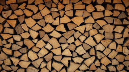 Gordijnen A dense arrangement of stacked firewood pieces, showcasing variations in wood grain and color, creating a rustic texture ideal for background use. © BokehBox