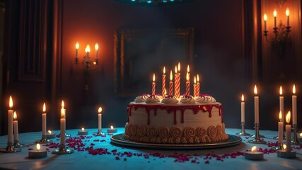 A candlelit room with a large birthday cake on the table and candles surrounding it, celebration, home, happy birthday