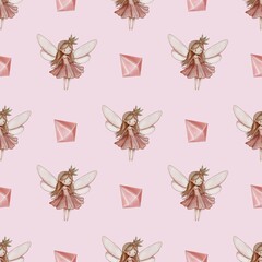 Seamless Pattern Cute Fairy and Crystal on Pastel Pink Background