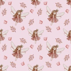 Seamless Pattern Cute Fairy and Crystal with Leaves Small Design on Pastel Pink Background