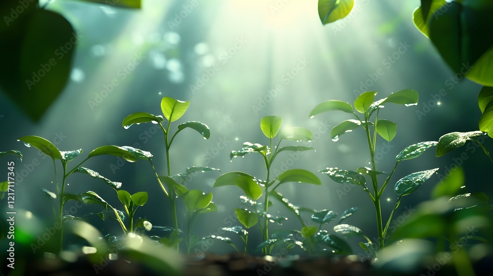 Poster fresh green seedlings reaching for sunlight in lush forest with soft rays of light illuminating the 