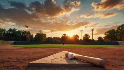 The Warm Glow of Evening on the Baseball Field: A Close-Up View of a Baseball Resting on Home Plate with a Bat Nearby, Capturing the Essence of America's Favorite