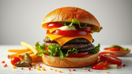 hamburger being placed on a table with toppings and condiments,  soda bottles in the background||soda drink,  carbonated beverage,  savory sauce