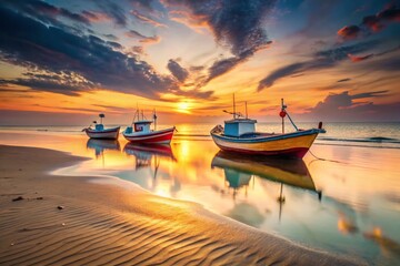 Fototapeta premium Three Minimalist Fishing Boats on Sandy Beach at Sunset
