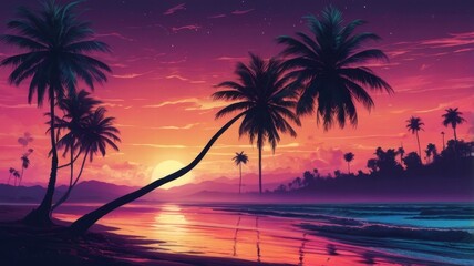 A palm tree silhouette casts long shadows on a shimmering beach, under a vibrant and surreal sunset sky