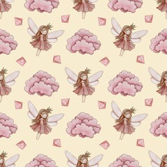 Seamless Pattern Cute Pink Cloud and Fairy with Crystal Small Design on Pastel Yellow Background