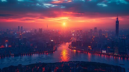 Vibrant cityscape featuring an expansive square, captured from an aerial view with dynamic lighting and energetic atmosphere in high definition.