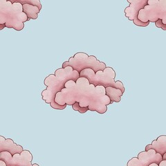 Seamless Pattern Cute Pink Cloud Big Design on Pastel Blue Background