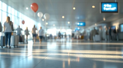 Joyful airport arrivals area bright spacious modern architecture interior design travel family friends greeting balloons celebration happy