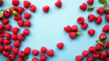 Obraz premium A vibrant arrangement of fresh raspberries on a light blue background, creating a delightful and appetizing frame.