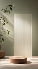 Minimalist Podium with Green Wall and Sunlight: A clean and minimalist product display featuring a circular wooden podium and a delicate branch with green leaves, all bathed in soft.