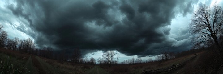 Panoramic view of ominous foggy sky with dark clouds over barren landscape
