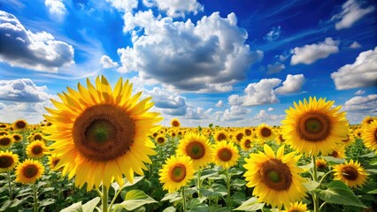 Obraz premium Group of sunflowers standing tall in a field with a bright blue sky and fluffy white clouds, blooming, majestic