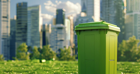 A green trash in a grassy field next to a city, contrast between the natural and urban environments, cleanliness, ecology, and care for the environment concept.